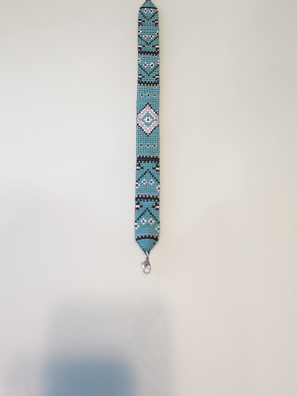 Handmade Beaded Turqoise Strap Neclace in Aqua with Black & White Pattern